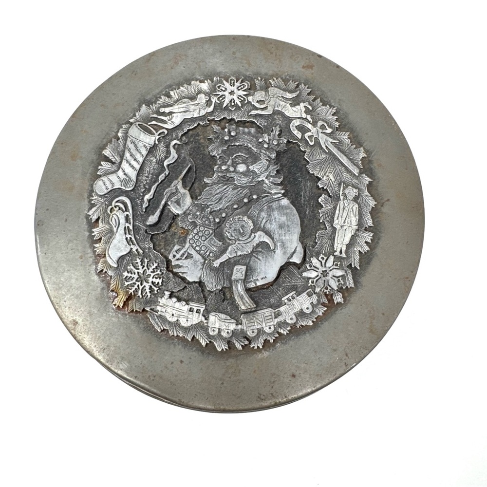 Vintage Metzkel Pewter Christmas Wreath Tin with Santa Claus
